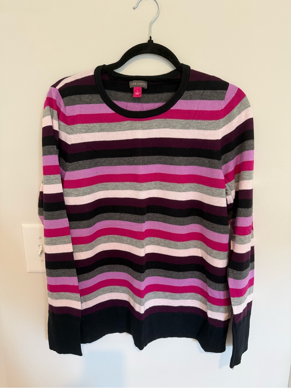 Vince Camuto Striped Crewneck Sweater in Pink, Purple & Black